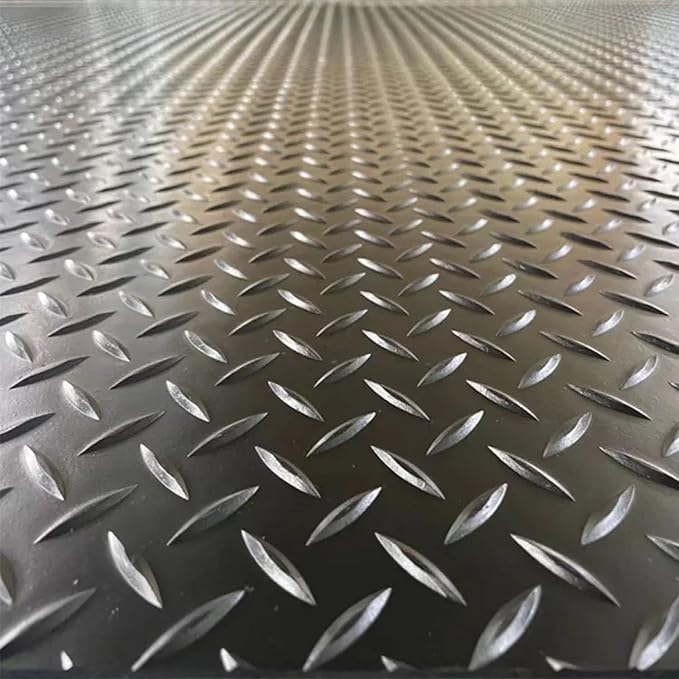 Heavy Duty Diamond-Plate Rubber Flooring Roll 4x8 FT, Multi-Purpose Waterproof Anti-Slip Floor Mat, Easy to Clean Under Equipment, Mats for Garage, Gym, Stable, Basement, Kennel