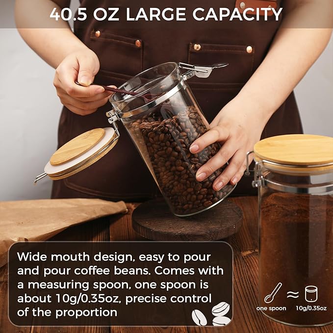VZZNN 2 Pack 40.5oz Coffee Bean Storage Container with Airtight Bamboo Lids Glass Airtight Coffee Canister with Scoop Storage Container for Grounds Tea Cereal Sugar
