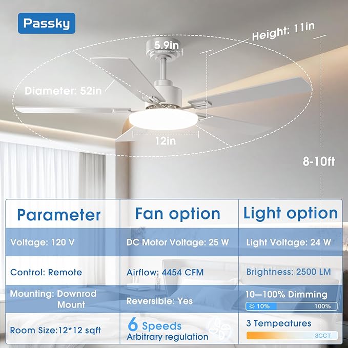 Passky Ceiling Fans with Lights, 52 inch Sleek Ceiling Fan with Light and Remote Control, 3CCT, Dimmable, Reversible, Noiseless, Silver Ceiling Fan for Bedroom, Living Room