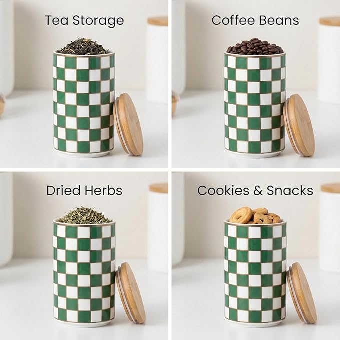 1 Piece Ceramic Coffee Canister, Airtight Coffee Container with Lid for Kitchen Storage (15.8x9cm, Green Checkered)