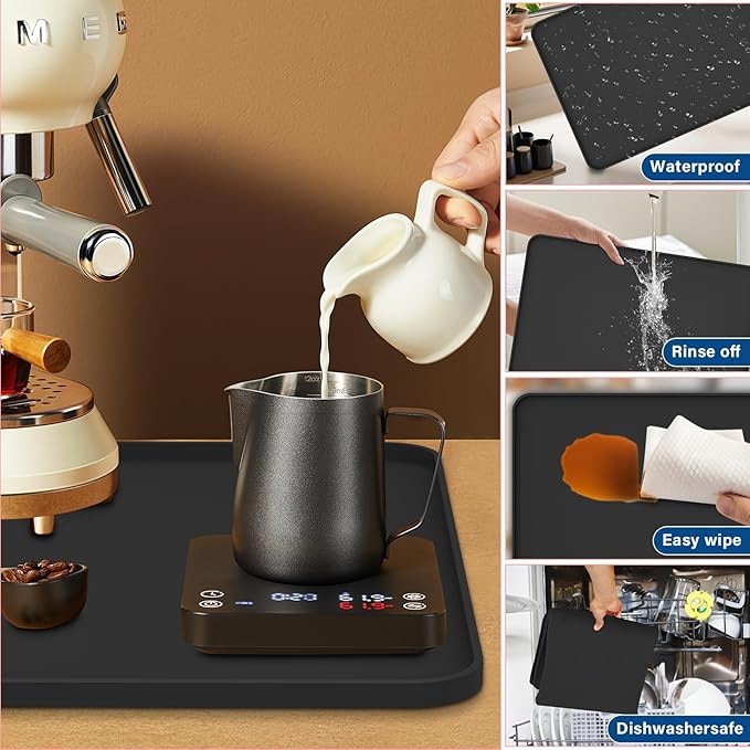 Silicone Coffee Maker Mat for Coffee Bar (19" x 12"), Non-Slip Espresso Machine Mat with 0.44" Raised Edges, Waterproof Coffee Bar Accessories & Countertop Protector, Heat Resistant & Dishwasher Safe