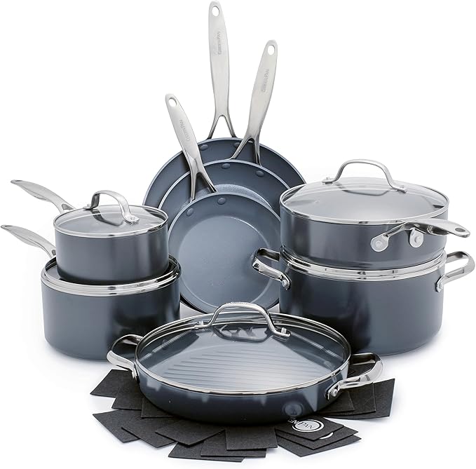GreenPan Valencia Pro Ceramic Nonstick 13 Piece Cookware Set, Hard Anodized PFAS-Free Pots & Pans, Induction Ready, Compatible on All Cooktops, Dishwasher Safe, Oven Safe to 600F, Gray