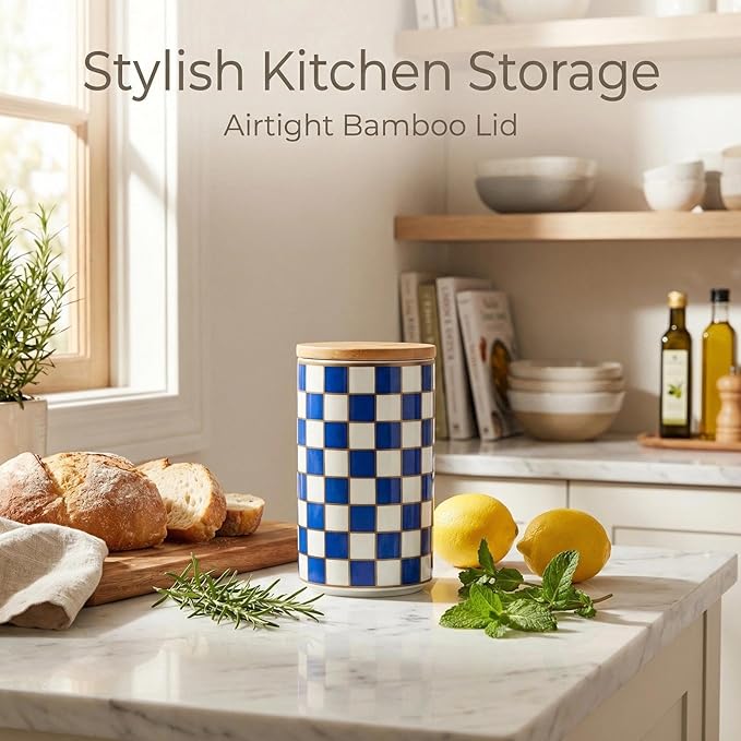 1 Piece Ceramic Coffee Canister, Airtight Coffee Container with Lid for Kitchen Storage (15.8x9cm, Blue Checkered)