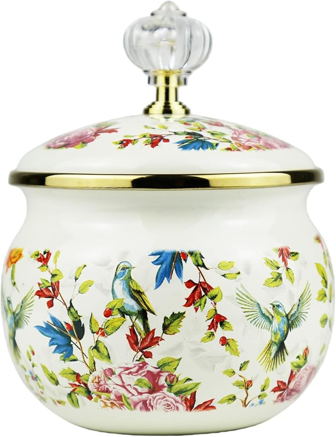 Flowers Birds Enamel Sugar Bowl Seasoning Jar Vintage Tea Canister Spice Box Retro Coffee Candy Storage Pot Bohemian Salt Container Jar for Home Kitchen Decor