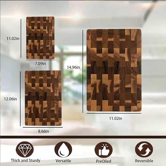 3 Packs Acacia Wood Cutting Board Set，Durable Chopping Board with Built-in Ergonomic Handles & Deep Juice Grooves，Block for Kitchen Prep & Charcuterie Serving