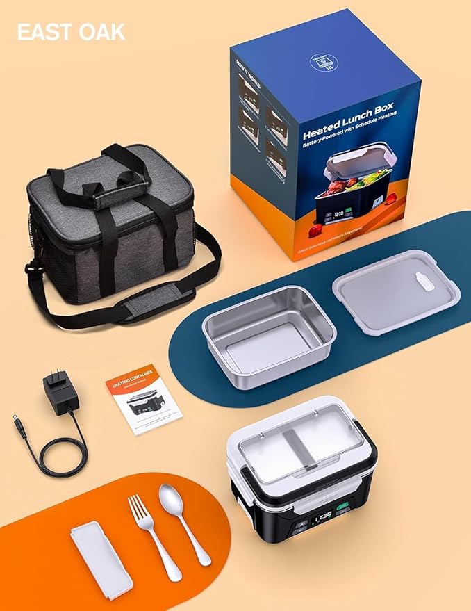 EAST OAK 5.5-Cup Cordless Electric Lunch Box for Adults, Heated Lunch Box for Men with Scheduled Heating, Portable Car Food Warmer with Utensils, One-Tier Bag, Removable Divider
