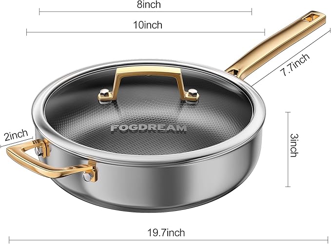 FogDream Titanium Non Stick Frying Pan, 10in Tri-Ply Stainless Steel Deep Saute Pan, All-in-One Cookware Set(Spatulas&Steamer), Stay Cool Handle, Dishwasher & Oven-Safe,Induction Compatible,Gold