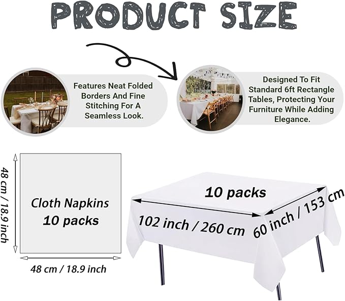 10 Pack White Table Cloth Rectangle Table Cloths for 6 Foot Rectangle Tables 60 X 102 Inch Washable Polyester Table Covers, Reusable & Wrinkle Resistant for Weddings, Parties, Events, and Daily Use