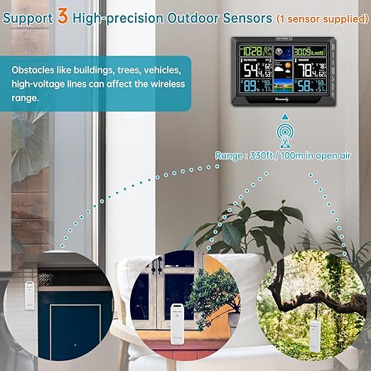 DreamSky Weather Station Indoor Outdoor Thermometer Wireless, Atomic Clock | Digital Large Colorful Display with Brightness Dimmer, Inside Outside Temperature Humidity Monitor for Home (Plug-in)