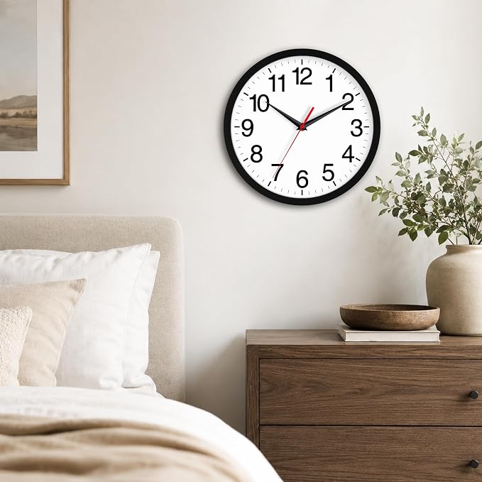 Rohioue Wall Clock Analog 10 Inch Black Battery Operated Silent Clock | Easy To Read, Non Ticking, Round, Accurate, Kitchen, Living Room, Classroom, Office, School
