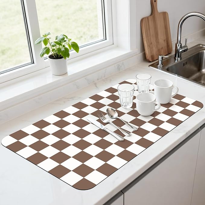 17" x 32" Checkered Dish Drying Mat for Kitchen Counter, Absorbent Coffee Bar Mat for Espresso Machine Coffee Countertops Accessories, Coffee Brown