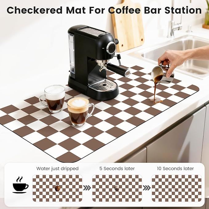 17" x 32" Checkered Dish Drying Mat for Kitchen Counter, Absorbent Coffee Bar Mat for Espresso Machine Coffee Countertops Accessories, Coffee Brown