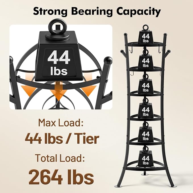 Housolution 6 Tier Pot and Pan Organizer Rack Cookware Storage Tower | 264Lbs Large Capacity, Sturdy Carbon Steel, Reinforced Curved Support Design, Freestanding & Space-Saving
