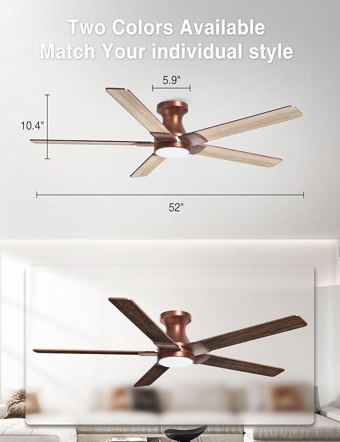 DAMINY 52 inch Brown Ceiling Fans with Lights,5 Blades,6CCT, Low Profile,Remote Control,for Bedroom, Kitchen,Living Room,Indoor/Outdoor Use,Flush Mount