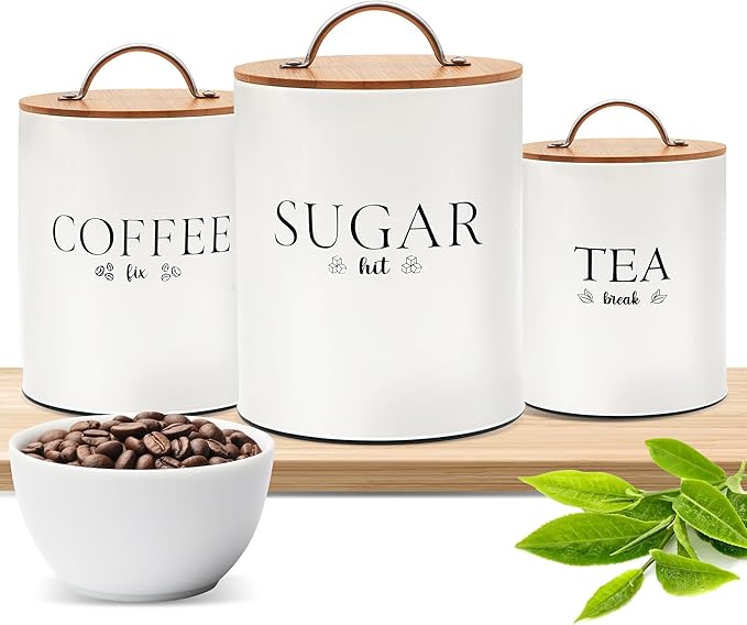 D'Lifeful Tea Coffee Sugar Canister Set - 3pc Airtight Canister Sets for Kitchen Counter - Farmhouse Containers for the Kitchen - Decorative Countertop storage with Airtight Lid for Freshness - White