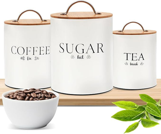 D'Lifeful Tea Coffee Sugar Canister Set - 3pc Airtight Canister Sets for Kitchen Counter - Farmhouse Containers for the Kitchen - Decorative Countertop storage with Airtight Lid for Freshness - White