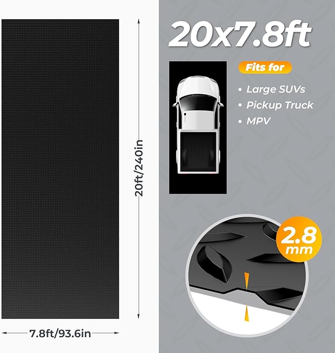 Geemax 7.8 x 20 FT Garage Floor Mat, 2.8mm Thickness Diamond Plate Vinyl Garage Flooring Roll for Under Car, Large Size 156 SQFT for Large SUVs, MPV, Pickup Truck, Black