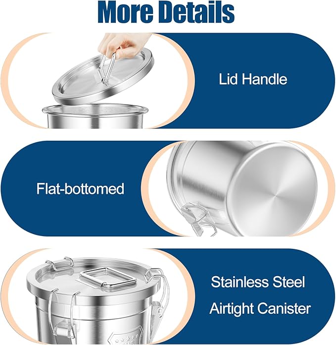 5.55Gal/21L Stainless Steel Airtight Canister, 304 Stainless Steel Food Storage Container, 710.4oz Large Metal Bucket with Lid and Lock Clips for Coffee Beans, Flour, Tea, Sugar, Cereals