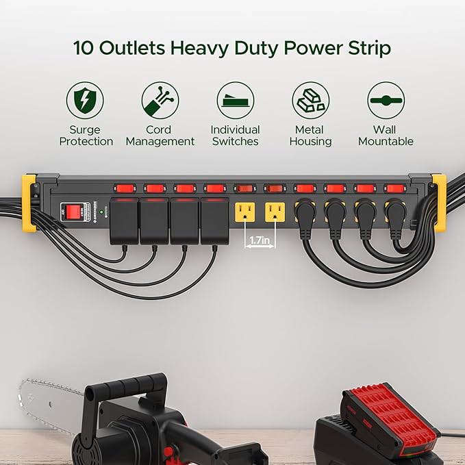 10 Outlet Heavy Duty Metal Power Strip with Individual Switches,3300J Surge Protector,1.7 Inch Wide Spacing for Large Adapters,6Ft Cord Managment for School,Garage,Workbench,ETL Listed(15A/1875W)