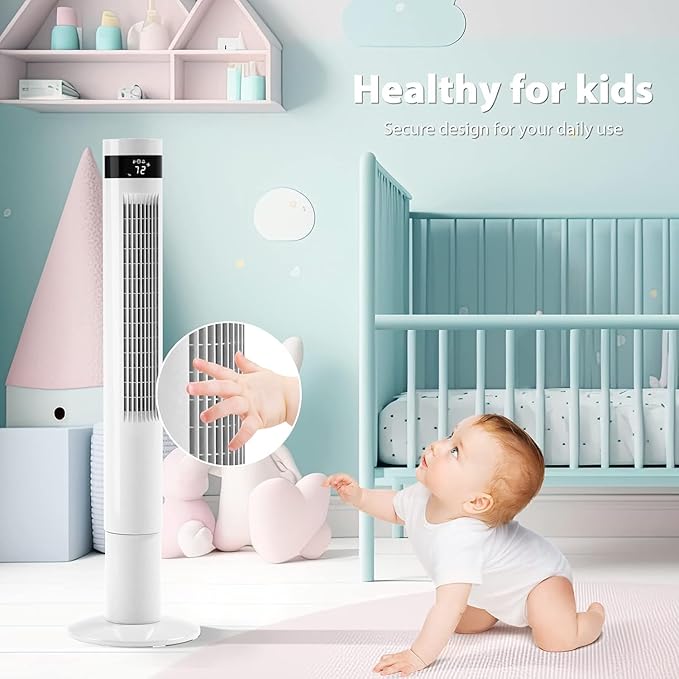 Antarctic Star Tower Fan 85°Oscillating Fan Quiet Cooling 12H Timer Remote Control Bladeless Electric 3 Speeds Wind 3 Modes, 42INCH, WHITE