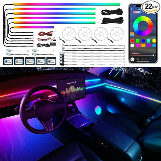 Dreamcolor Acrylic Interior Car LED Strip Light with Wireless APP, RGB 22 in 1 with 175 inches 600 LEDs Fiber Optic Car Ambient Lighting Kits, Dual Zone Sound Active Function LED Strip for Car