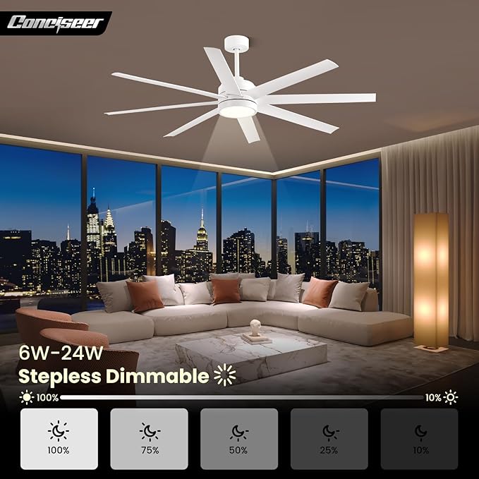 Modern Ceiling Fans with Lights, 65 Inch Ceiling Fan with Light and Remote for Bedroom Living Room Kitchen Office, Indoor/Outdoor Use, 24W 6CCT 8 Blades 6 Speed Reversible Quiet DC Motor, White