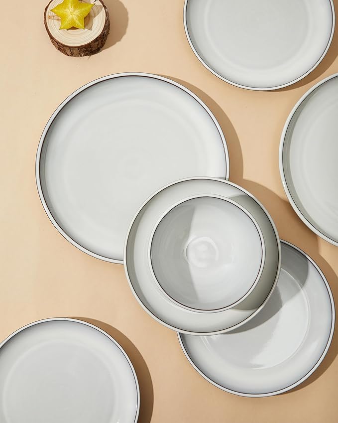 Pokini Santorini Mist Terracotta Reactive Glaze Plates and Bowls Sets, Stoneware Dinnerware Sets, Microwave and Dishwasher Safe Ceramic Dish Set Service for 4, Moonstone White
