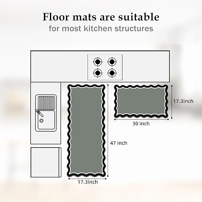 Arenarug Scalloped Black Gray Kitchen Mats Rugs Sets of 2 Cushioned Anti Fatigue Floor Mat Waterproof Kitchen Rugs Non Slip Foam Comfort Standing Mat for Sink Laundry