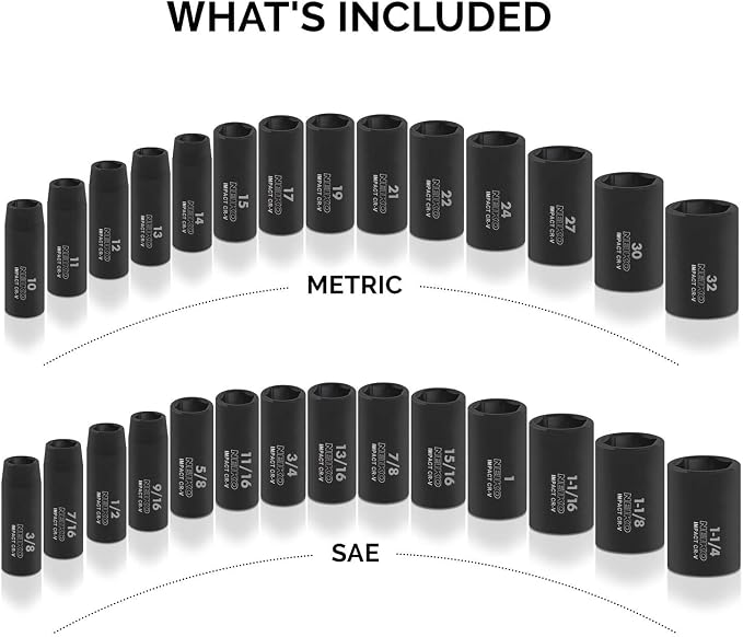 NEIKO 02446A 1/2" Impact Socket Set, 35 Piece, Deep Socket Kit Assortment, Standard SAE (3/8”-1-1/4”) and Metric MM (10-32mm) Sizes, Includes Ratchet Handle and Impact Extension Bars