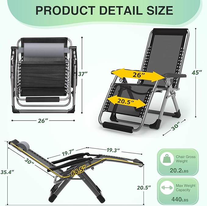 Suteck Zero Gravity Chair, 26In Lounge Chair w/Removable Cushion & Headrest, Reclining Camping Chair w/Upgraded Lock, Large Cup Holder and Footrest, Reclining Patio Chairs Recliner for Indoor Outdoor