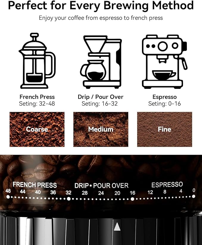 IAGREEA Conical Burr Coffee Grinder, 48 Grind Settings, 450RPM Low-Speed Anti-Static, Precision Timer, Portafilter Holder for Espresso, Drip, French Press, Cold Brew, Stainless Steel