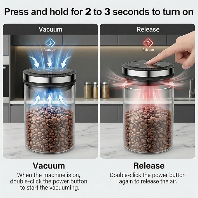 GVODE 1.6L Vacuum Coffee Canister with Time Display, Airtight Coffee Canister for Coffee Beans, Ground Coffee, Spices, 4500 Hours Life, High Borosilicate Glass, Home Kitchen Food Storage Organizers