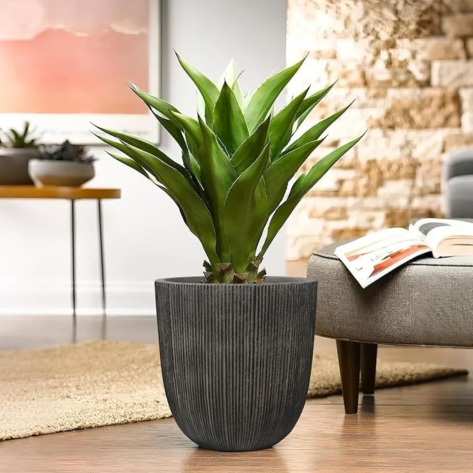 Vintage Black Faux Cement Ribbed Planter, 14.8"H Tall Tapered Egg-Shaped Plastic Plant Pot with Drainage Hole & Plug, Large Modern Indoor Outdoor Flower Pot for Home, Garden, Patio and Houseplants