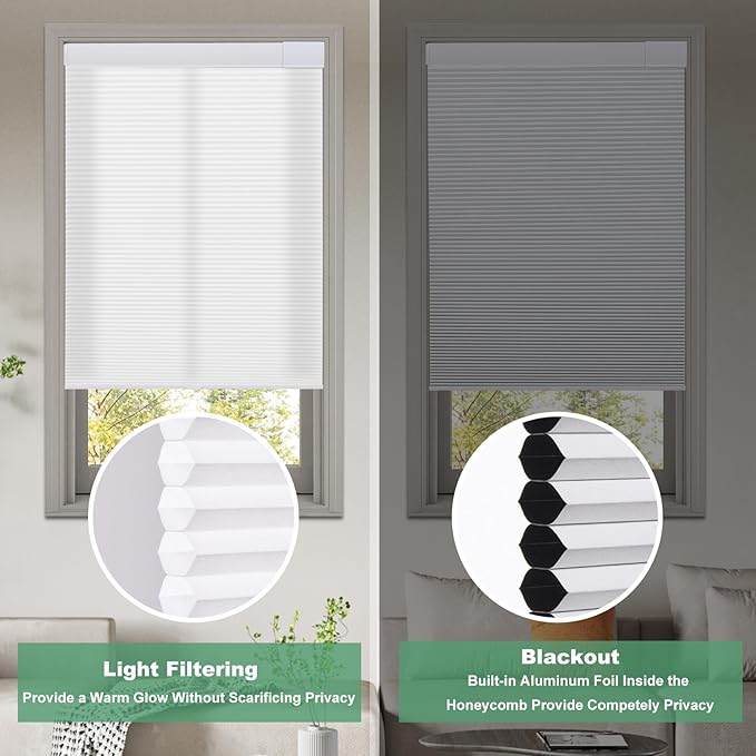 Tonature No Drill Cellular Shades for Indoor Windows, Thermal Insulating & Noise Reducing Honeycomb Blinds, Free Stop Cordless Blackout Shades, White,30.5" W x 80" H