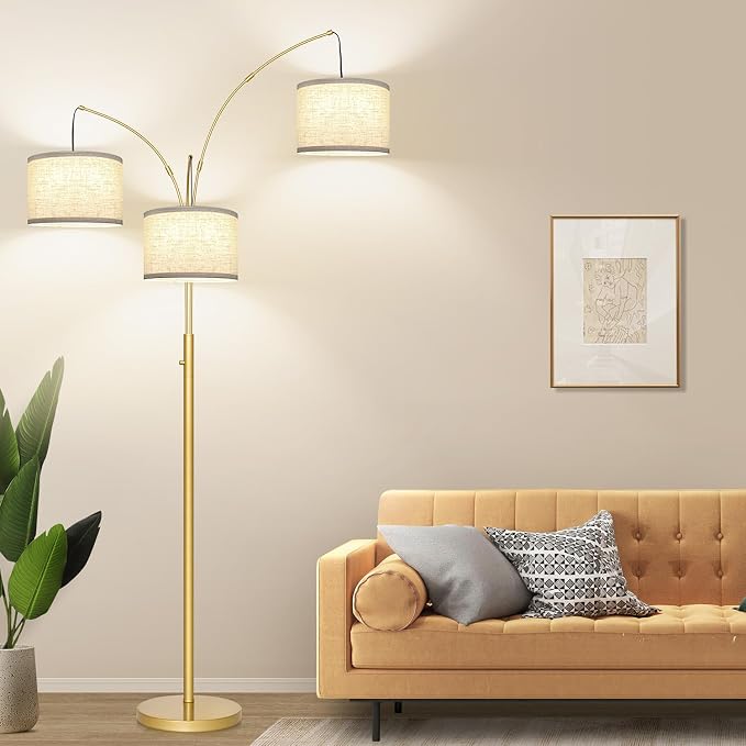 Dimmable Gold Floor Lamp, 3 Lights Arc Floor Lamps for Living Room, Modern Tall Standing Tree Lamp with White Shade & Heavy Base, Large Floor Lamp for Bedroom Office, 3x1000 LM LED Bulbs Included