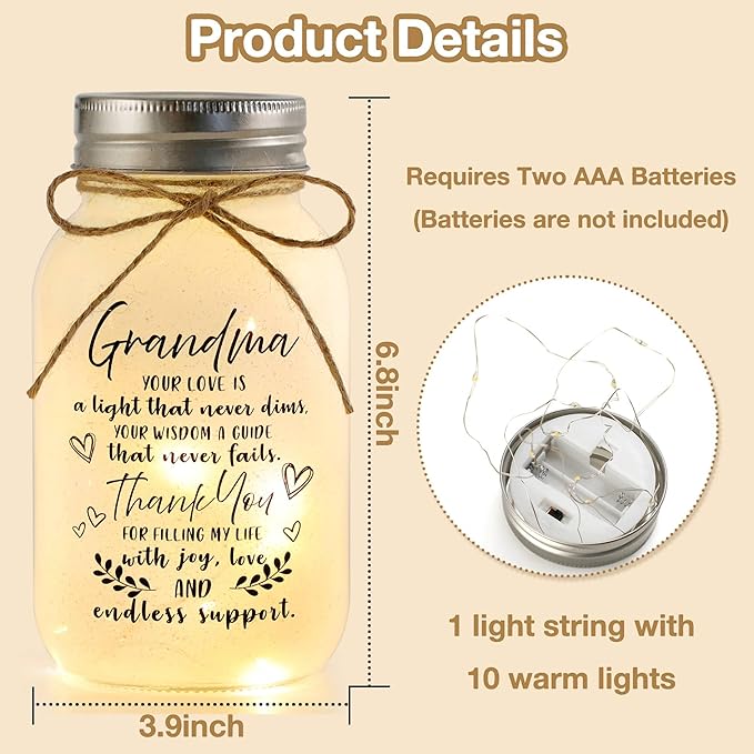 Maracco Mothers Day Gifts for Grandma from Grandkids, 30oz Large Mason Jar Lights for Grandma, Grandmother Nana Birthday Gifts for Home Decor, Grammy Gift