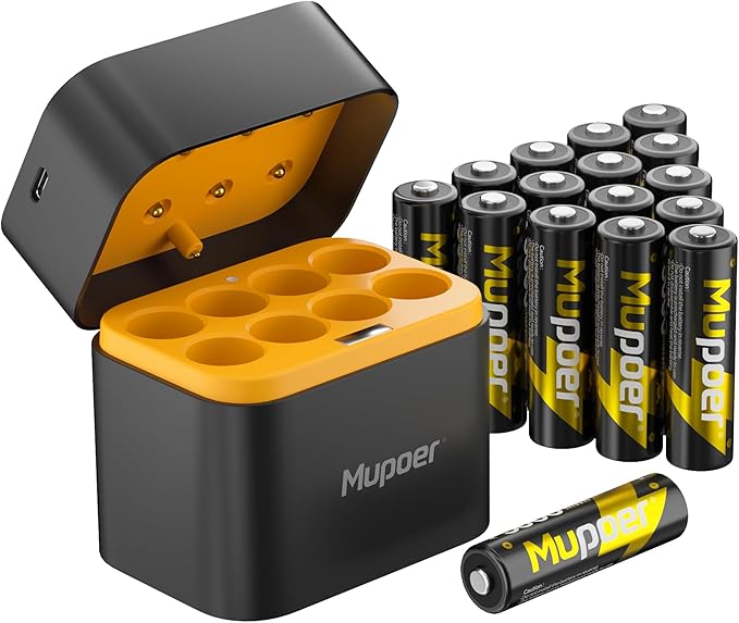 Mupoer Rechargeable AA Lithium Batteries with Charger,16 Count 3600 mWh 1.5V Double A Batteries High Capacity,Long Lasting Rechargeable AA Li-ion Battery with Integrated Charging Storage Box - Gold