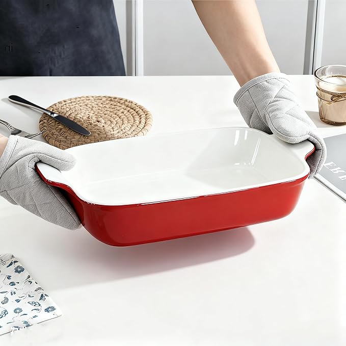 Domini Casserole Dishes for Oven, Ceramic Baking Dishes for Oven Set of 2, Lasagna Pan Deep, Baking Pan Set Square Casserole Dish Set with Handles for Baking, Pattern Red(13.6+9inch) Christmas