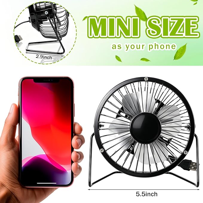 Glooglitter 8 Pcs USB Desk Fan Powerful Quiet 360° Adjustable Rotation Personal Metal Mini Desk Fan Bulk Summer Small Desks Fans for Home Office Bedroom Table Airflow Cooling, USB Powered Only(Black)
