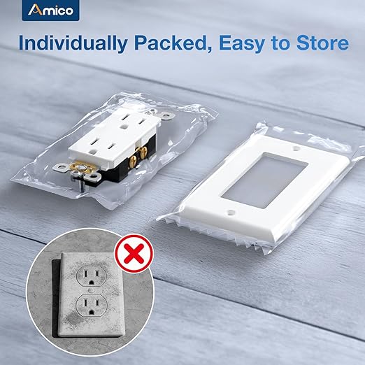 Amico 50 Pack Wall Outlet, 15 Amp Outlets, UL Listed, Tamper Resistant Standard Electrical Outlet, Decorator Receptacle with Wall Plate, Suitable for Home and Business, 125V/1875W, White
