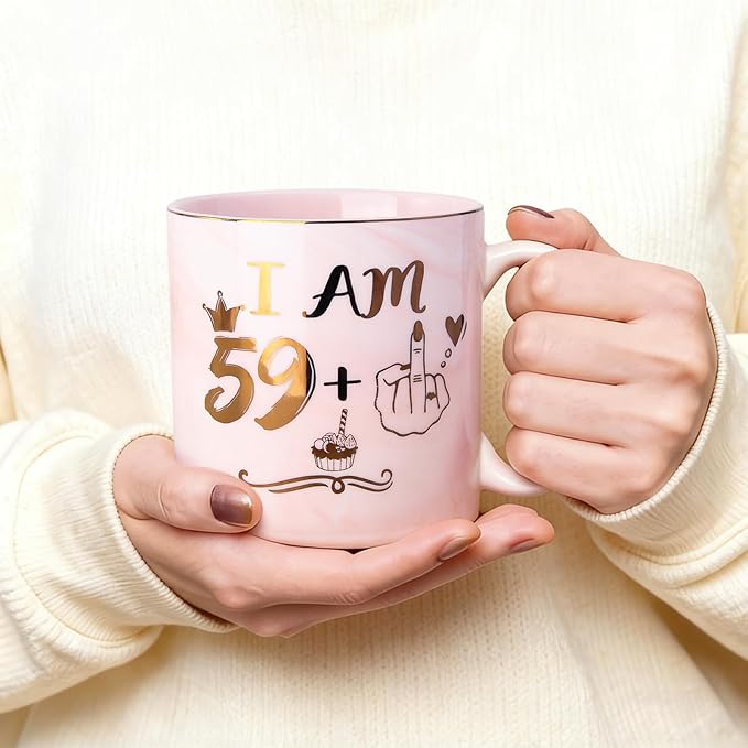 Funny 60th Birthday Coffee Mug for Women - 14oz Pink Marble Ceramic Mug, Playful Gold 59 Plus 1 Hand Design - Hilarious Turning 60 Year Old Gift for Mom, Sister, Best Friend, Wife, Neighbor, Colleague