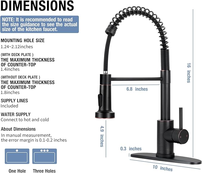 DJS Kitchen Faucets with Pull Down Sprayer Oil Rubbed Bronze -High Arc Single Handle 1 or 3 Holes Spring Kitchen Sink Faucet with Deck Plate for Farmhouse RV Vessel Basin