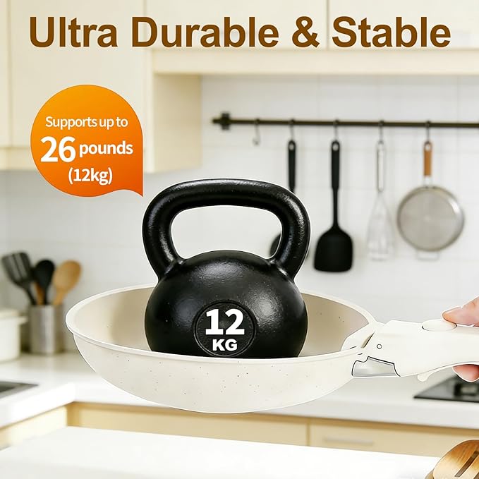 Removable Pot and Pan Handle - Detachable Cookware Handle with Quick-Release Button, Space-Saving Universal Handle for Most Cookware, Sturdy & Durable, Ivory White, 2 Pack