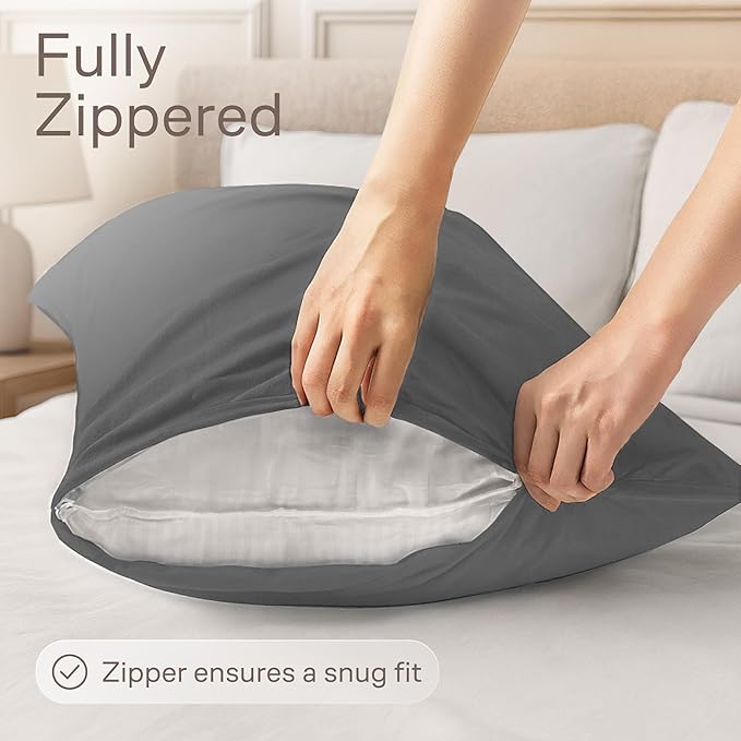 Ultra Soft Pillow Protectors with Zipper Queen Size - Set of 4 Breathable Pillow Covers - 100% Protection Against Stains, Dust & Dirt - Machine Washable (Gray)