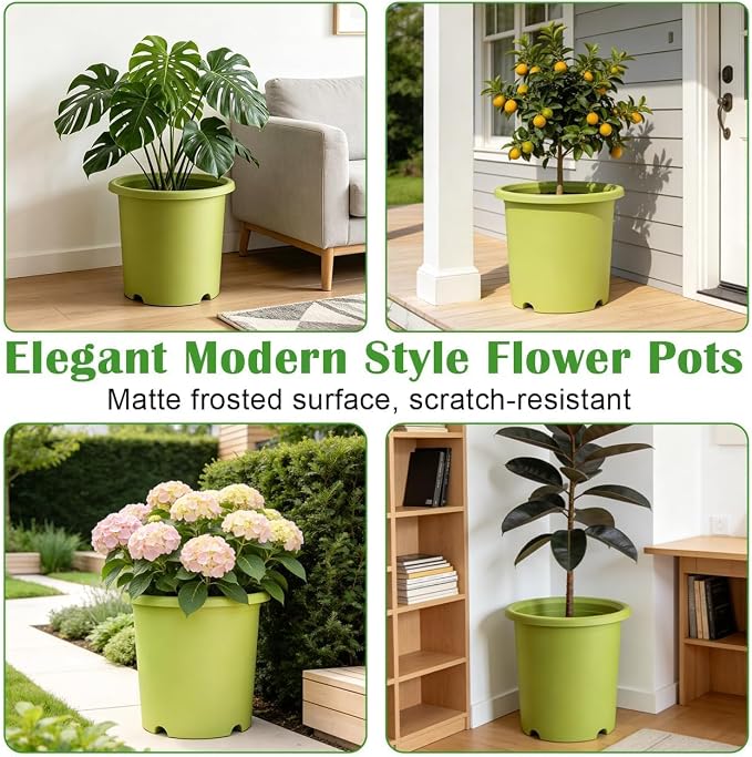 4-Pack 16 inch Large Deep Planters for Outdoor Plants -Light Green Plastic Plant Pots with Drainage Holes & Elevated Base for Root Aeration, 10-Gallon Heavy-Duty Garden Flower Pots, 16"W× 15"H