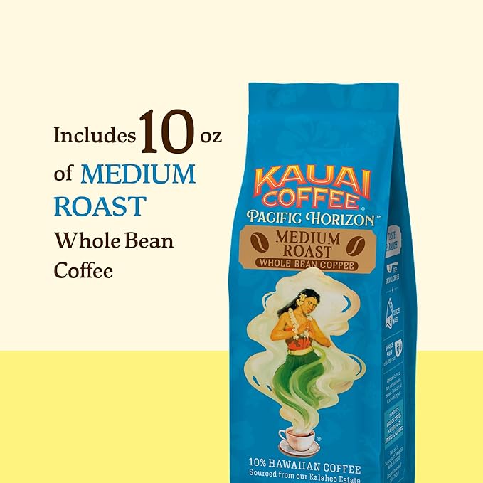 Kauai Whole Bean Coffee – Smooth, Non-Bitter Pure Arabica – Light Floral Notes & Bright Aroma – Grown on Hawaii's Largest Coffee Farm – Koloa Estate Medium Roast, 10oz (Pack of 4)