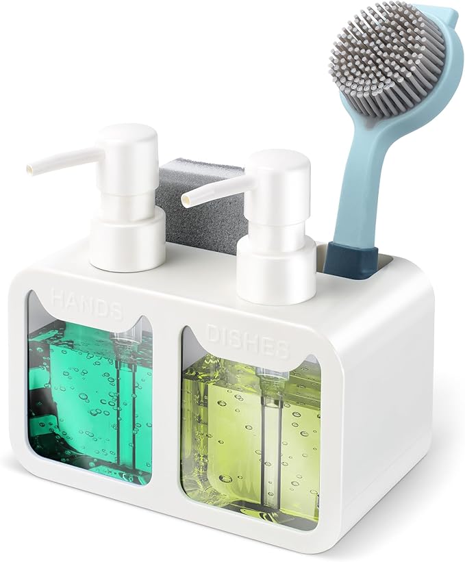 Kitchen Hand Soap and Dish Soap Dispenser Set, Dual Soap Dispenser with Sponge Caddy and Brush Holder 4-in-1 Organizer for Sink Countertop, Useful Kitchen Gadgets - White