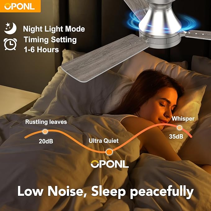 OPONL 42 Inch Nickel Ceiling Fan with Light, Remote Control, Noiseless, Reversible, 6CCT, Dimmable, Timeable, Metal Housing, Flush Mount Ceiling Fans with Lights for Bedroom, Indoor/Outdoor Use
