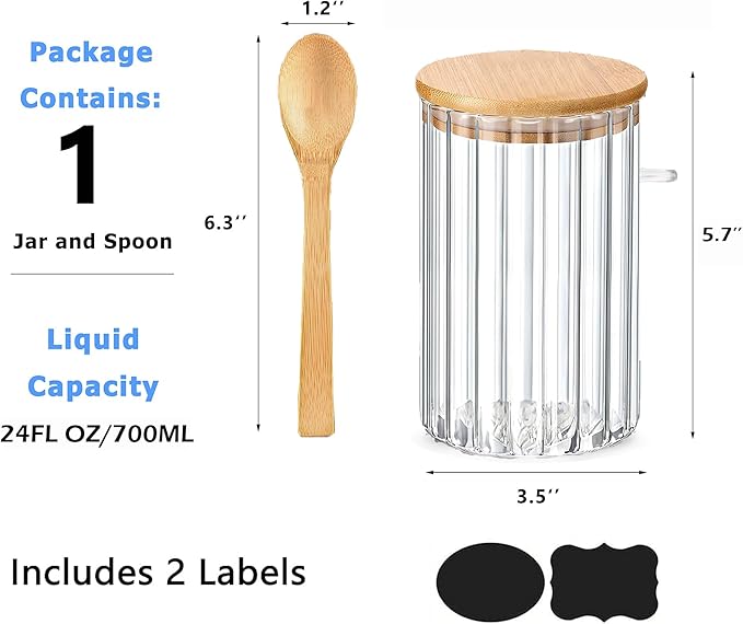 Steviieden 24 FL OZ Airtight Glass Jar with Bamboo Spoons Lids Overnight Oats Container Decorative Coffee Bar Food Storage Jar Cereal Nuts Salts Coffee Tea Flour Sugar Container Spice Jar