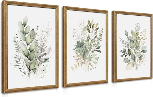WRFON Framed Sage Green Botanical Wall Art Set of 3, Watercolor Eucalyptus & Wild Plant Canvas Prints, Minimalist Green Wall Decor for Living Room Bedroom Bathroom, 16x24 Inches